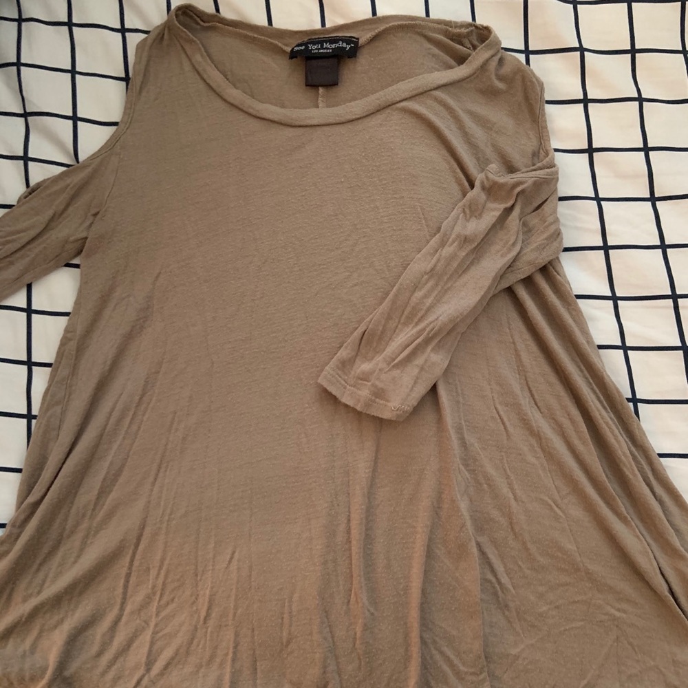 Light brown flowy peek-a-boo shoulder top